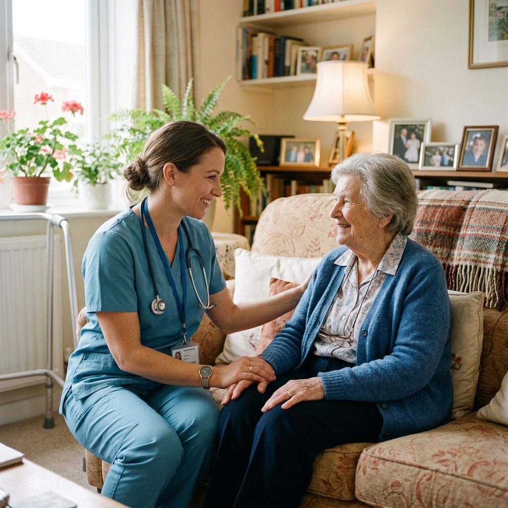 A compassionate nurse supporting an individual at home
