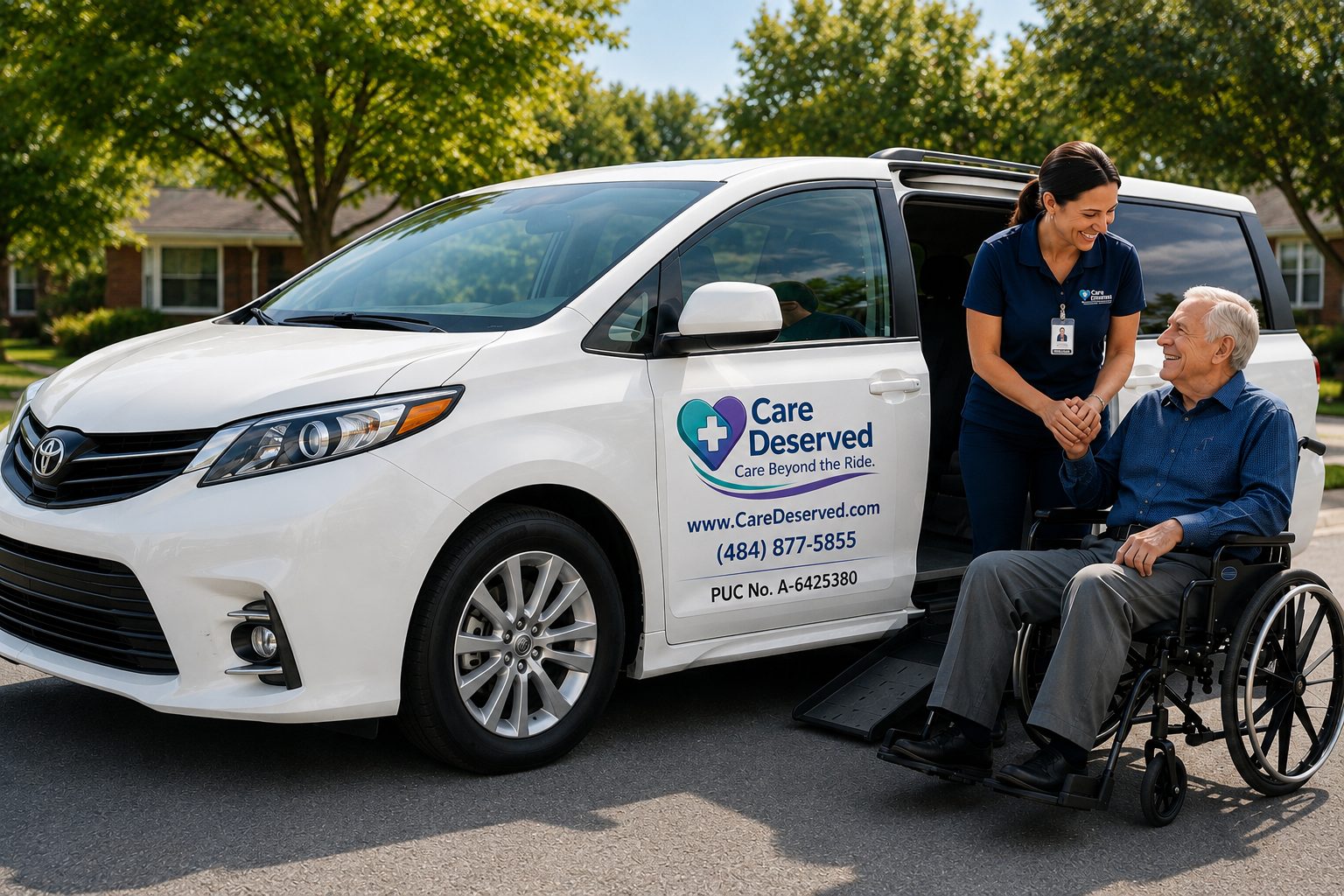 CareDeserved caregiver compassionately assisting a passenger in a wheelchair beside a wheelchair-accessible transport van